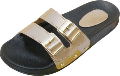 LooksFootwear Women Casual Beach Slides(Gold, Black , 40)