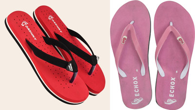 DASHNY Women Flip Flops(Red, Pink , 5)