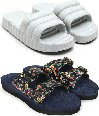 Skytrap Women Flip Flops(Grey, Blue , 4)