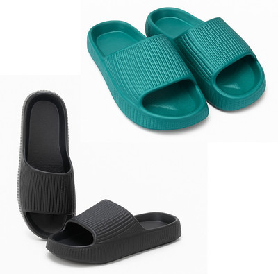 COMFORT PLUS Men Slides(Black, Green , 9)