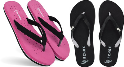 DASHNY Women Flip Flops(Pink, Black , 4)