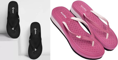 NISTHA Women Flip Flops(Black, Pink , 5)