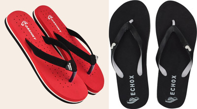 DASHNY Women Flip Flops(Red, Black , 5)