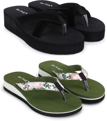 TWO SOFT Women Flip Flops(Black, Green , 6)