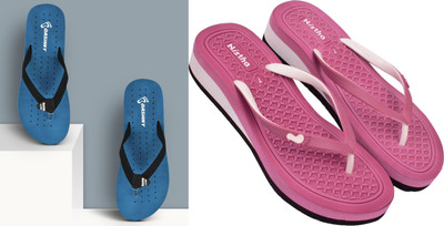 DASHNY Women Flip Flops(Blue, Pink , 6)