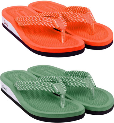 DASHNY Women Slippers(Green, Orange , 8)