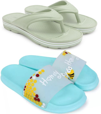 Pampy Angel Women Women Classic Trendy Flipflops, Slipper, Sliders, Chappal Combo Pack of 2 Slides(Green, Blue , 5)