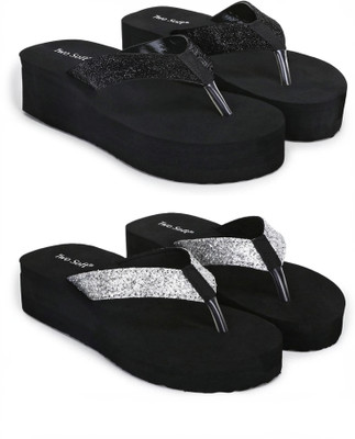 TWO SOFT Women Pack Of 2 Combo Stylish Extra Comfort Lightweight Dailywear Used Slippers(Black, Silver , 6)
