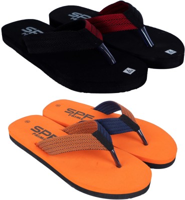 SPF Men Flip Flops(Black, Orange , 9)