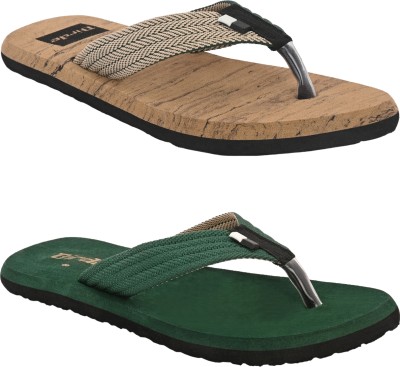 BIRDE Men Pack Of 2 Combo Comfortable Slippers & Flip Flop For Men Slippers(Tan, Green , 6)