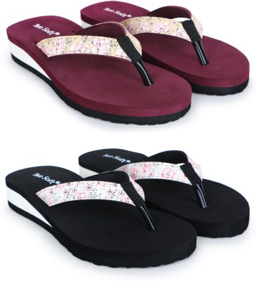 TWO SOFT Women Slippers(Maroon, Black , 8)