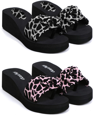 Skytrap Women Stylish Comfortable and Trending Colorful Rubber Flip Flops Slide Combo of 2 Slides(Black, Pink , 8)