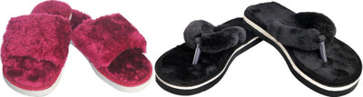 rexizone Women Flip Flops(Black, Maroon , 6)
