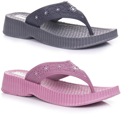 KNIEVL Women Slippers(Pink, Grey , 4)
