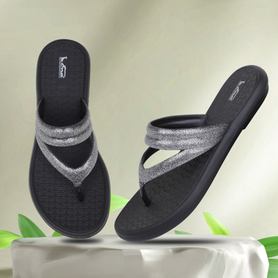ENA Women ENA Women's Soft & Stylish Glitter Double Strap Comfortable Slippers|Non-Slip Slippers(Black , 6)