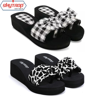 HOC Women Slippers(Black, White , 5)
