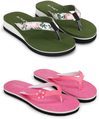 TWO SOFT Women Slippers(Green, Pink , 7)