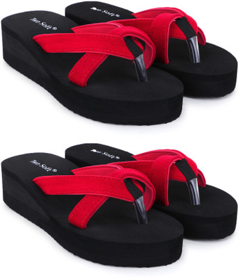 TWO SOFT Women Combo Pack Of 2 Stylish Casual Light & Soft Comfortable Daily Wear Flip Flops(Red , 8)