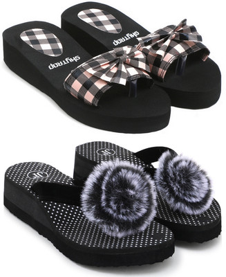 Feens Women Stylish and Comfortable Light Weight Super Soft Flip Flop Combo of 2 Flip Flops(Pink, Black , 8)