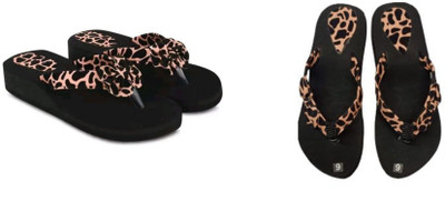 BOOMBEAUTY Women Flip Flops(Black, Beige , 6)