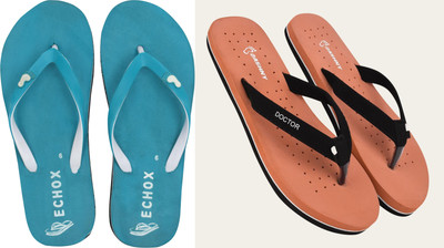 DASHNY Women Flip Flops(Orange, Blue , 7)