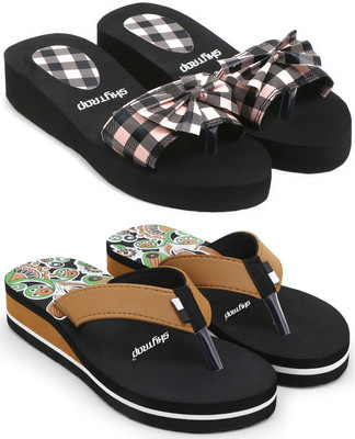 Skytrap Women Stylish Comfortable and Trending Checkered Flip Flops Slide Combo of 2 Flip Flops(Pink, Brown , 8)