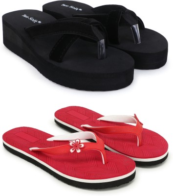 TWO SOFT Women Flip Flops(Black, Red , 5)