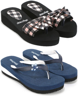Feens Women Stylish and Comfortable Trending Light Weight Checkered Flipflop Combo of 2 Slippers(Pink, Blue , 7)