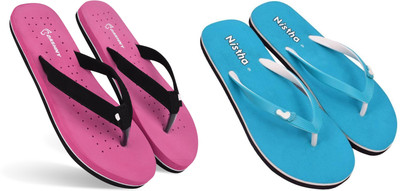 DASHNY Women Flip Flops(Pink, Blue , 8)