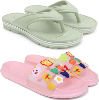 Kapani Fashion Women Women Combo Pack of 2 Lightweight Flipflops, Slipper, Slides (Green, Pink , 7) Slides(Green, Pink , 7)