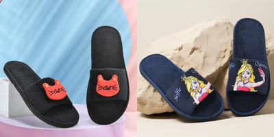 Y key Women Flip Flops(Navy, Black , 8)