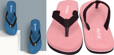DASHNY Women Flip Flops(Blue, Pink , 5)