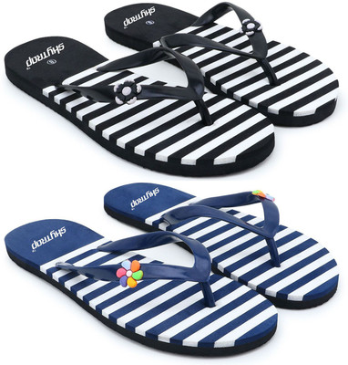 Skytrap Women Stylish Comfortable and Trending Hawai Flip Flops Combo of 2 Slippers(Black, Blue , 6)