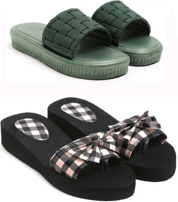 Skytrap Women Slippers(Green, Pink , 7)