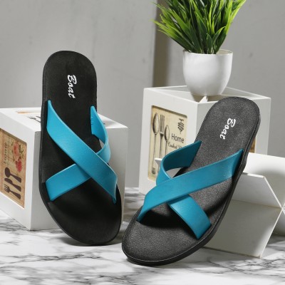 OUNIK STYLE Women Flip Flops(Blue, Black , 5)