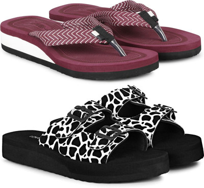 LoveHush Women Flip Flops(White, Maroon , 6)