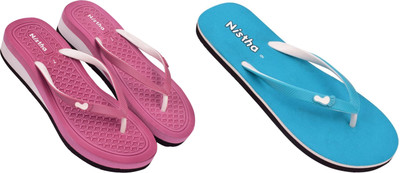 NISTHA Women Flip Flops(Blue, Pink , 5)