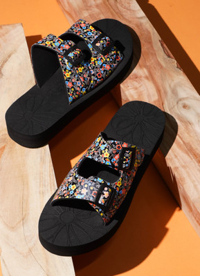 Rasambh Women Comfortable Stylish and Trending Colorful Printed Flip Flops Slides(Black , 4)
