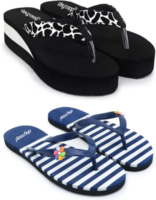 Skytrap Women Stylish Comfortable and Trending Light Weight Flip Flops Combo of 2 Slippers(White, Blue , 6)