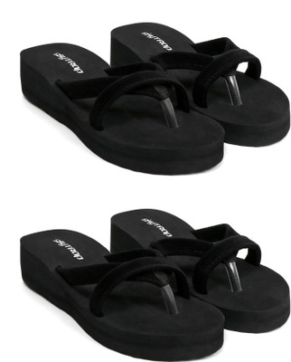 Skytrap Women Stylish Comfortable and Trending Cross Strap Flip Flop Combo of 2 Slippers(Black , 4)