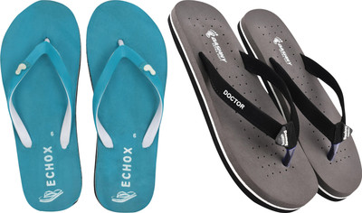 DASHNY Women Flip Flops(Grey, Blue , 7)