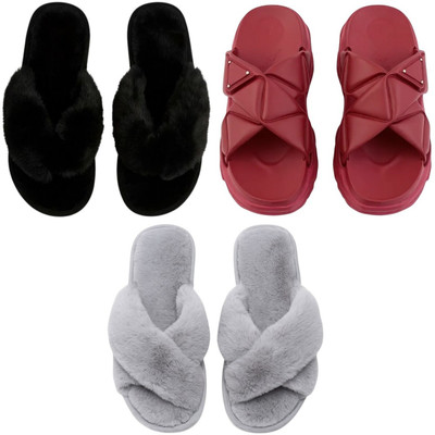 Shivaru trader Women Slippers(Black, Maroon, Grey , 8)