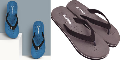DASHNY Women Flip Flops(Blue, Brown , 8)