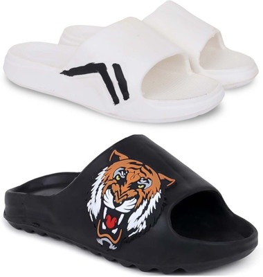 KAPYANSH Men Slides(White, Black , 9)