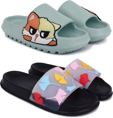 Pampy Angel Women Women Classic Trendy Flipflops, Slipper, Sliders, Chappal Combo Pack of 2 Slides(Green, Black , 4)