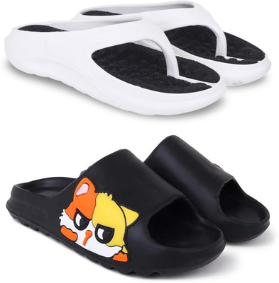 KAPYANSH Men Slippers(White, Black , 7)