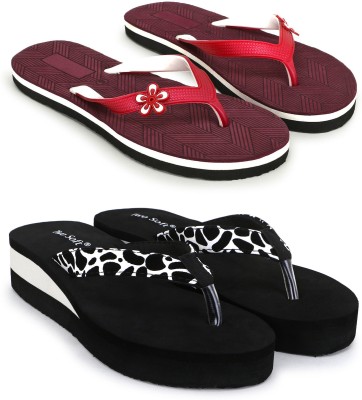 TWO SOFT Women Combo Pack Of 2 Stylish Casual Light & Soft Comfortable Daily Wear Slippers(Black, White, Red , 7)