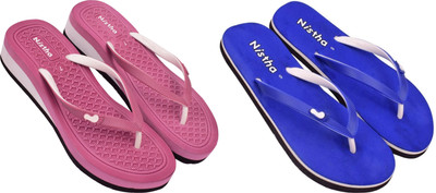 DASHNY Women Flip Flops(Pink, Blue , 4)