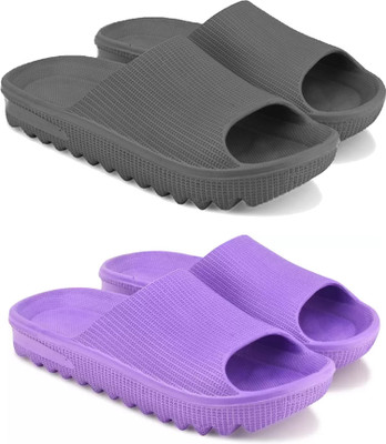 World Wear Footwear Women Slides(Grey, Purple , 4)