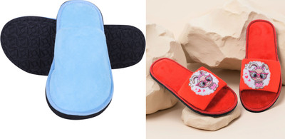 Y key Women Flip Flops(Blue, Red , 5)